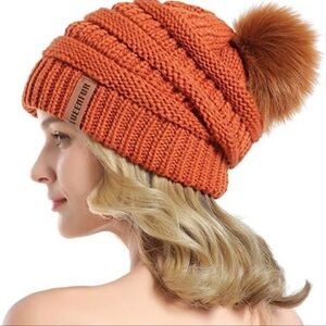 Women's Orange Knit Beanie with Pom Pom